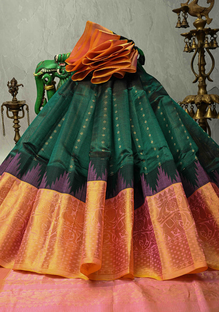 Emerald Green Vairaoosi Zari Stripes Kanchi Silk Cotton Handloom Saree with Zari Buttas and Contrast Temple Wide Zari Border