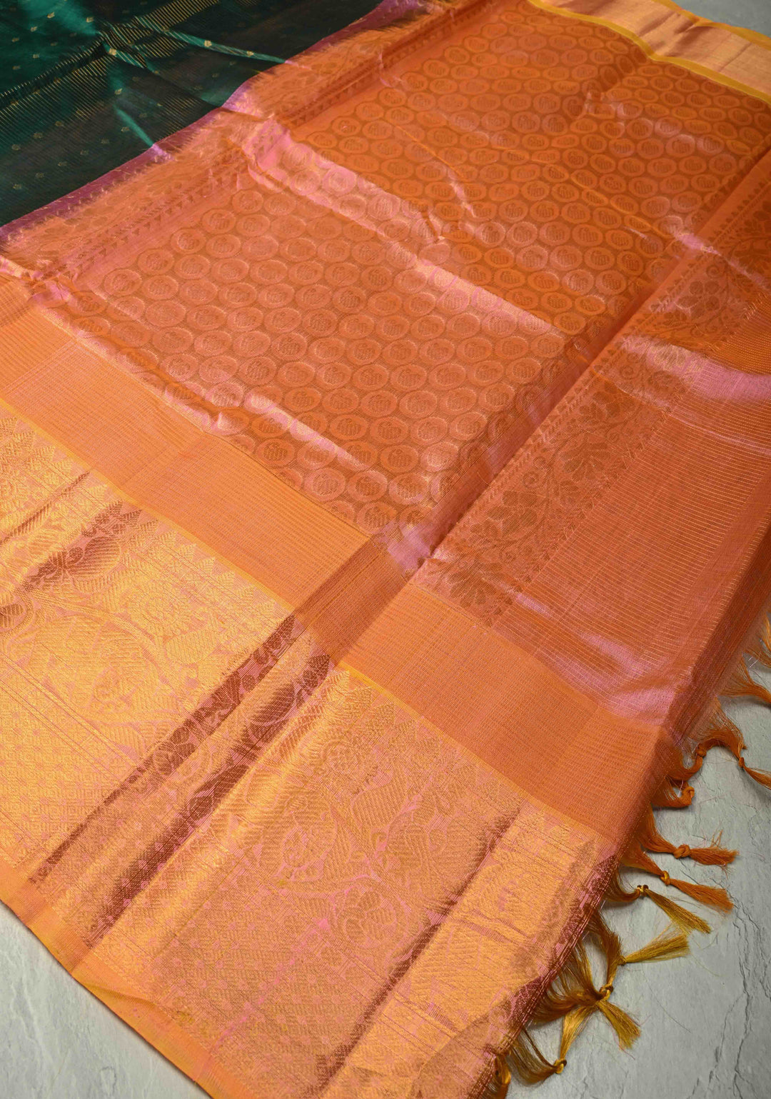 Emerald Green Vairaoosi Zari Stripes Kanchi Silk Cotton Handloom Saree with Zari Buttas and Contrast Temple Wide Zari Border
