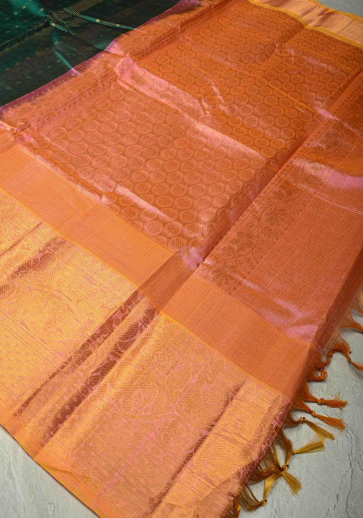 Emerald Green Vairaoosi Zari Stripes Kanchi Silk Cotton Handloom Saree with Zari Buttas and Contrast Temple Wide Zari Border
