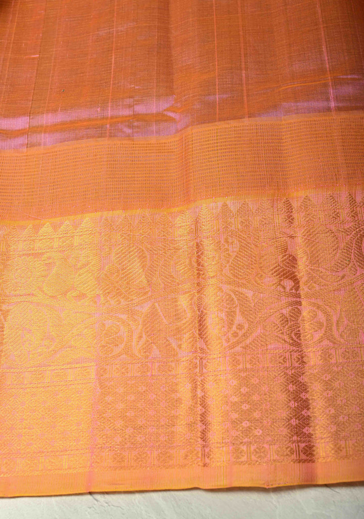 Emerald Green Vairaoosi Zari Stripes Kanchi Silk Cotton Handloom Saree with Zari Buttas and Contrast Temple Wide Zari Border