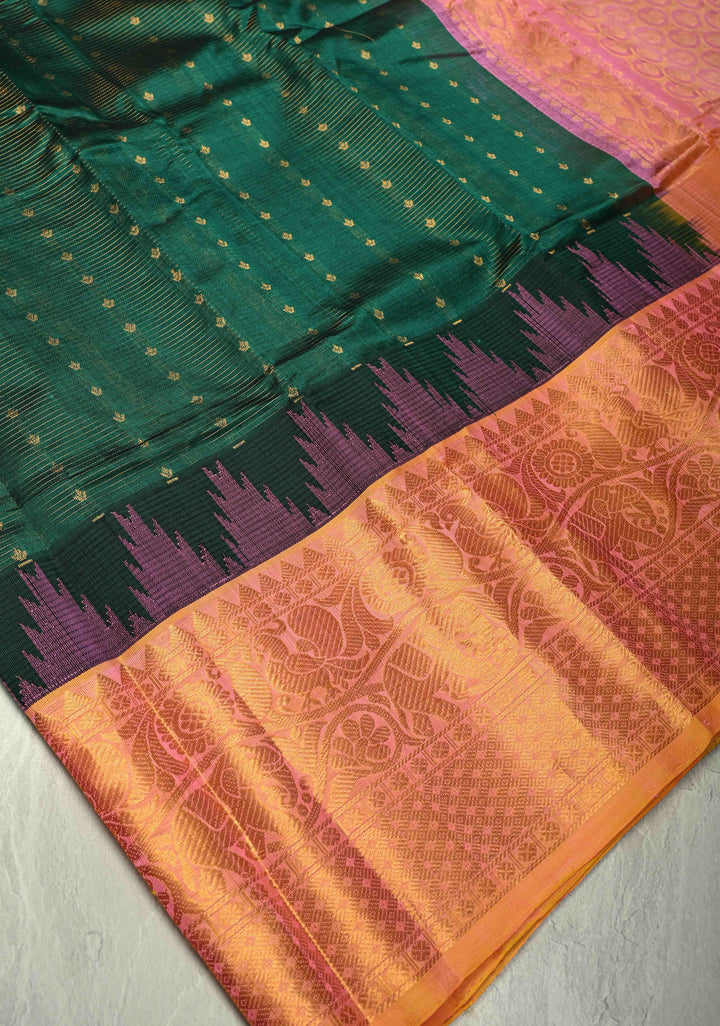 Emerald Green Vairaoosi Zari Stripes Kanchi Silk Cotton Handloom Saree with Zari Buttas and Contrast Temple Wide Zari Border