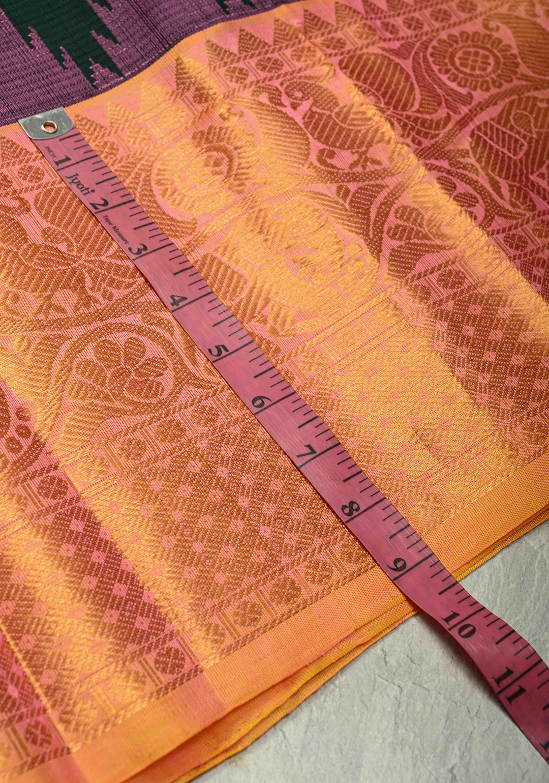 Emerald Green Vairaoosi Zari Stripes Kanchi Silk Cotton Handloom Saree with Zari Buttas and Contrast Temple Wide Zari Border