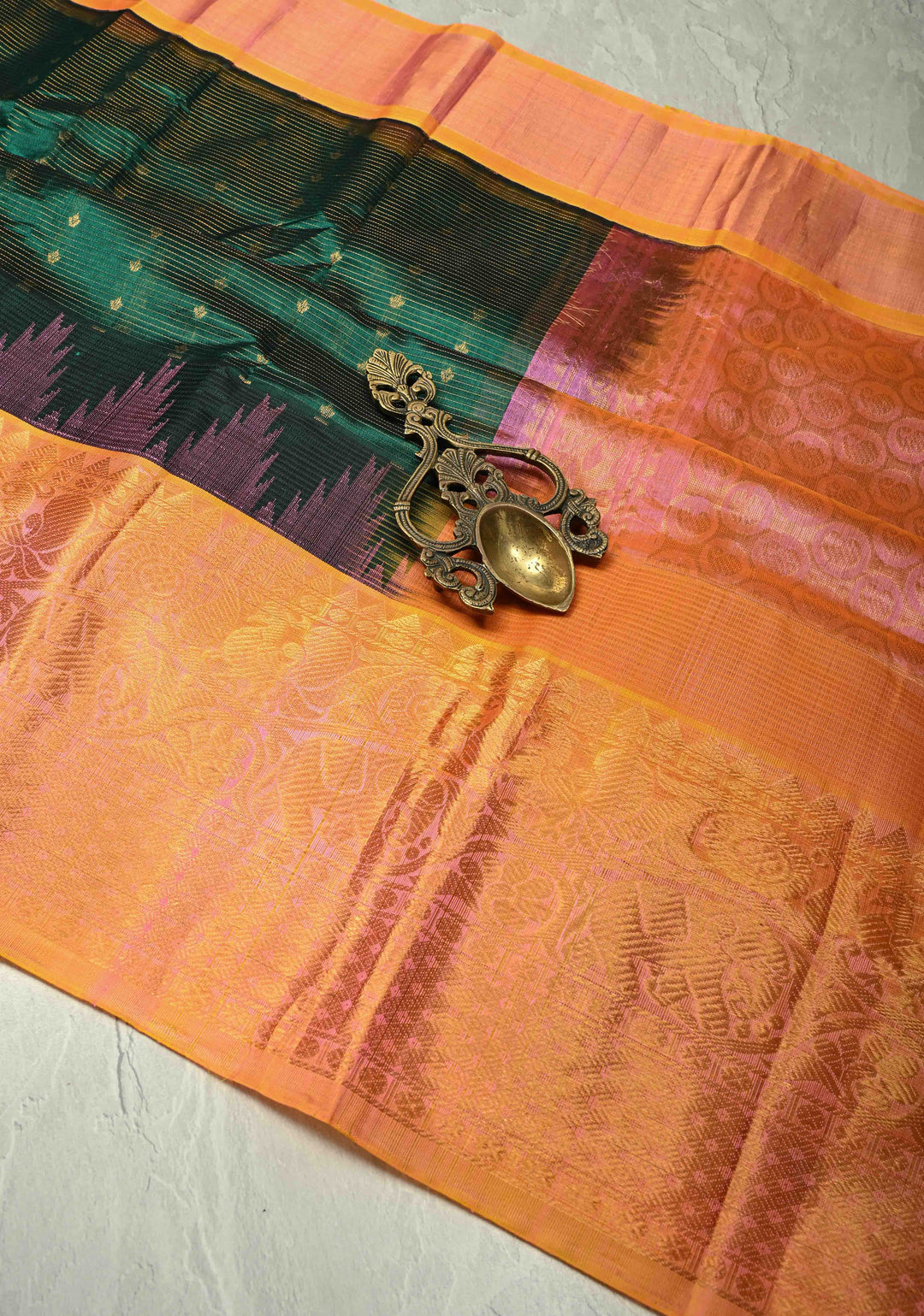 Emerald Green Vairaoosi Zari Stripes Kanchi Silk Cotton Handloom Saree with Zari Buttas and Contrast Temple Wide Zari Border