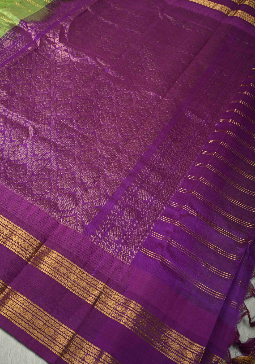 Pista Green Zari Checks on Kanchi Silk Cotton Saree with Zari Buttas and Contrast Rettaipet Border