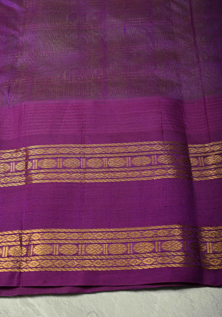 Pista Green Zari Checks on Kanchi Silk Cotton Saree with Zari Buttas and Contrast Rettaipet Border