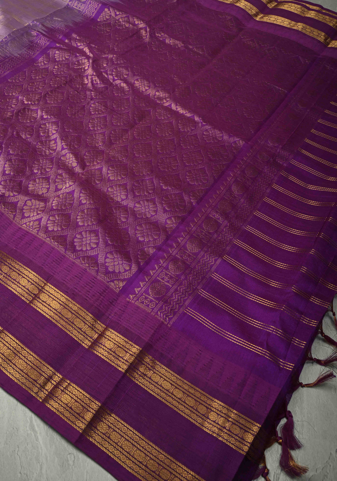 Purple Zari Checks on Kanchi Silk Cotton Saree with Zari Buttas and Rettaipet Zari Border