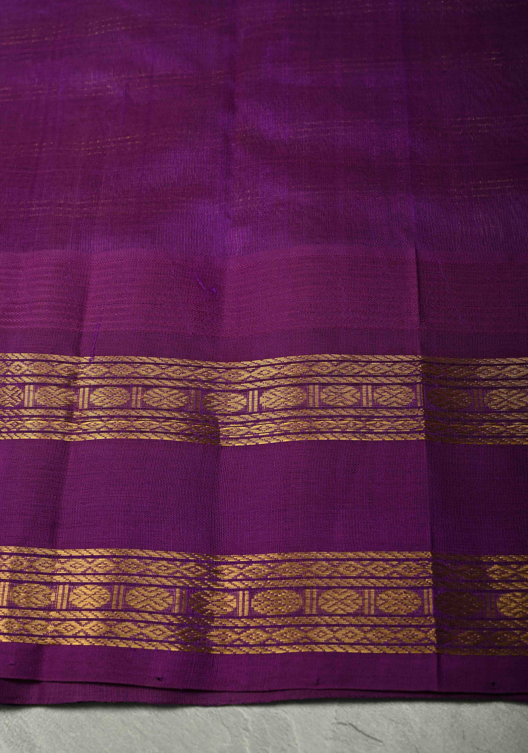 Purple Zari Checks on Kanchi Silk Cotton Saree with Zari Buttas and Rettaipet Zari Border