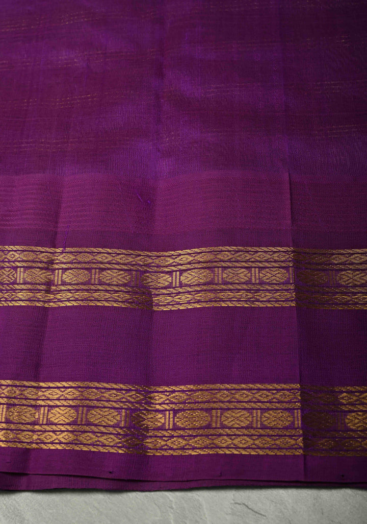 Purple Zari Checks on Kanchi Silk Cotton Saree with Zari Buttas and Rettaipet Zari Border