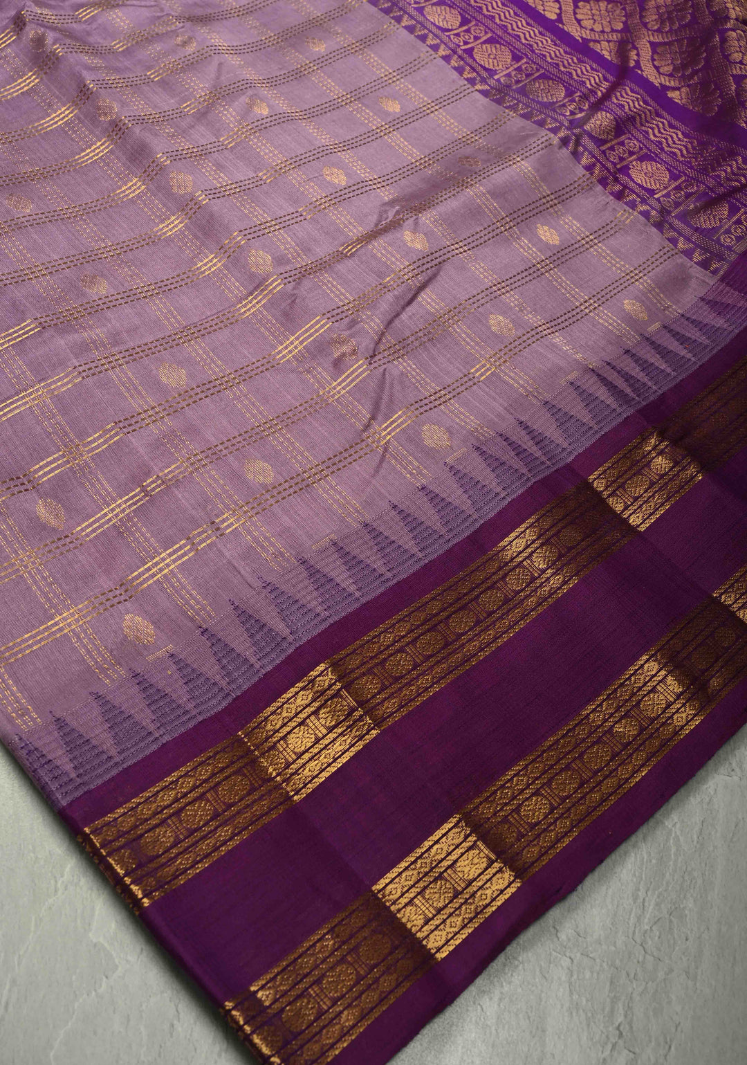 Purple Zari Checks on Kanchi Silk Cotton Saree with Zari Buttas and Rettaipet Zari Border