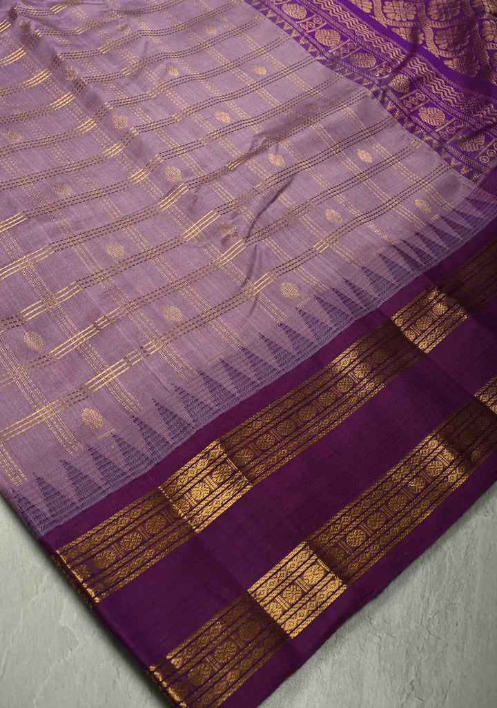 Purple Zari Checks on Kanchi Silk Cotton Saree with Zari Buttas and Rettaipet Zari Border