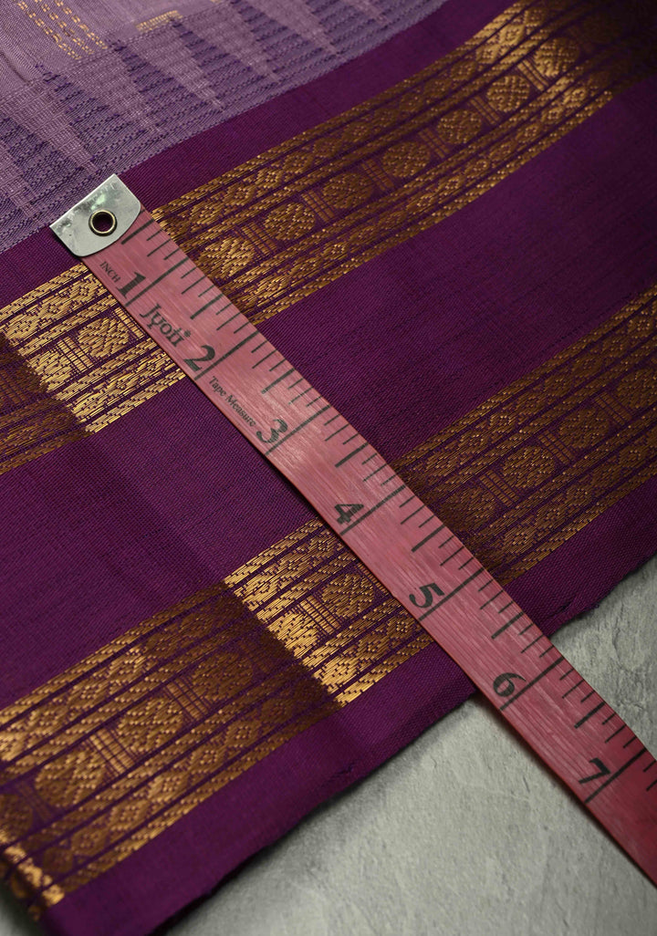 Purple Zari Checks on Kanchi Silk Cotton Saree with Zari Buttas and Rettaipet Zari Border