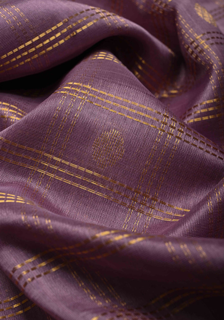 Purple Zari Checks on Kanchi Silk Cotton Saree with Zari Buttas and Rettaipet Zari Border