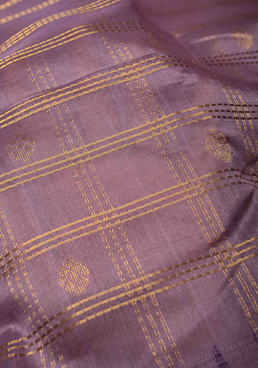 Purple Zari Checks on Kanchi Silk Cotton Saree with Zari Buttas and Rettaipet Zari Border
