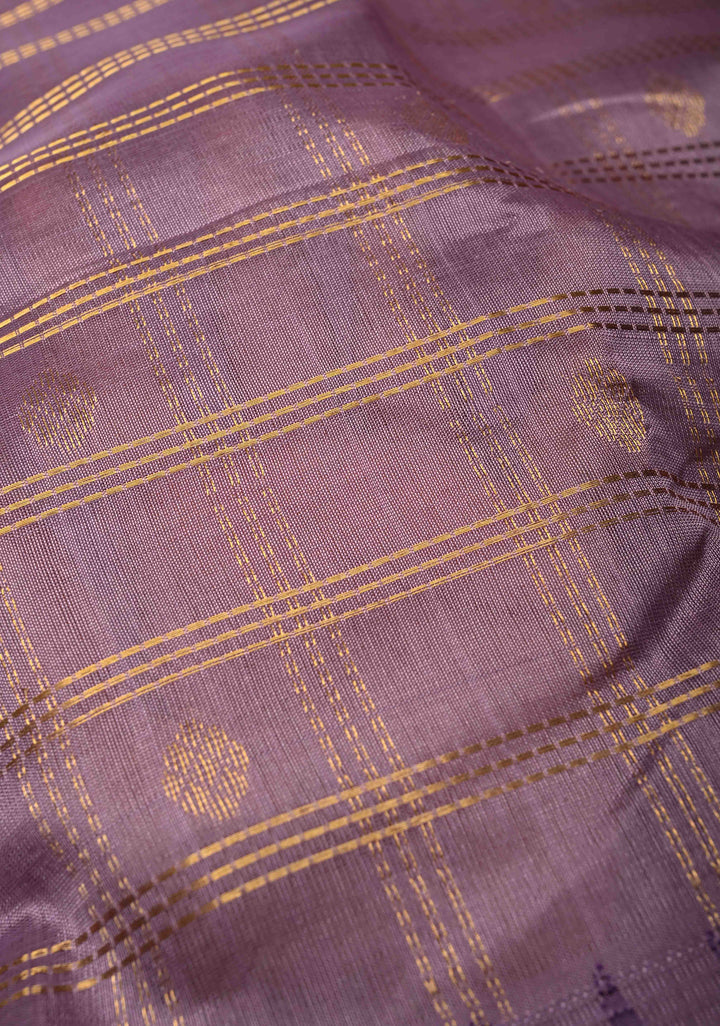 Purple Zari Checks on Kanchi Silk Cotton Saree with Zari Buttas and Rettaipet Zari Border