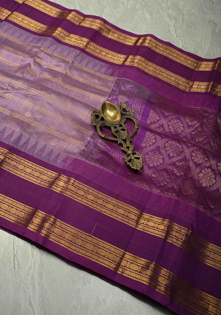 Purple Zari Checks on Kanchi Silk Cotton Saree with Zari Buttas and Rettaipet Zari Border