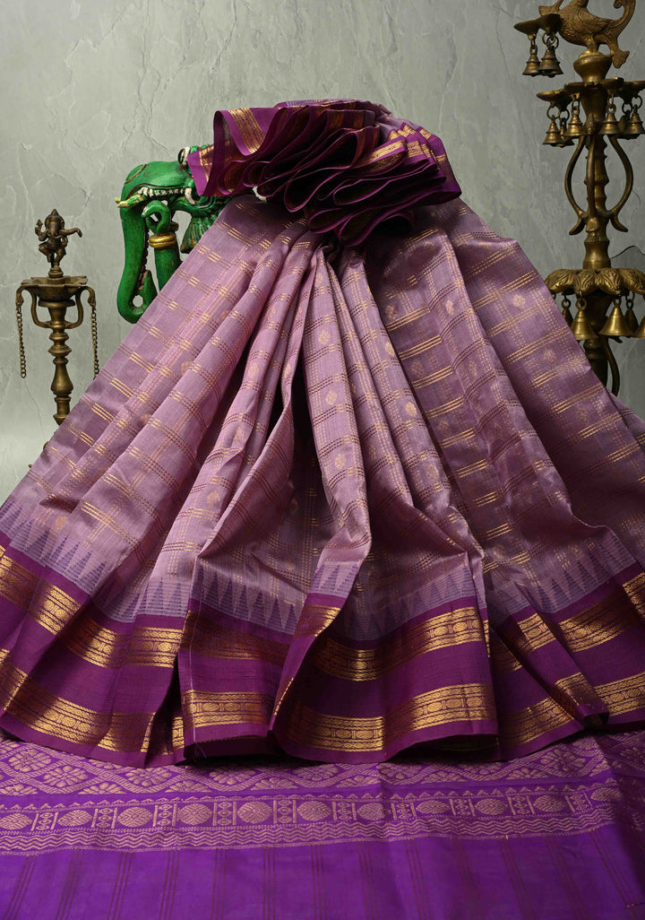 Purple Zari Checks on Kanchi Silk Cotton Saree with Zari Buttas and Rettaipet Zari Border