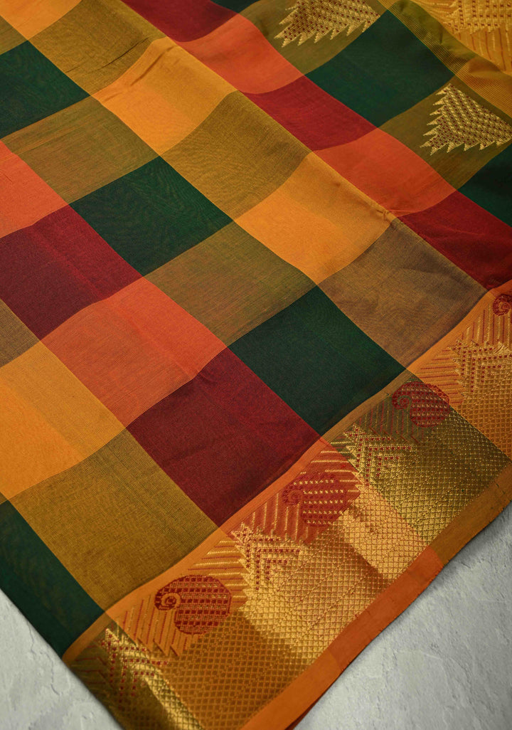 Multicolor Palum Pazhamum Kanchi Silk Cotton Saree with Zari Border