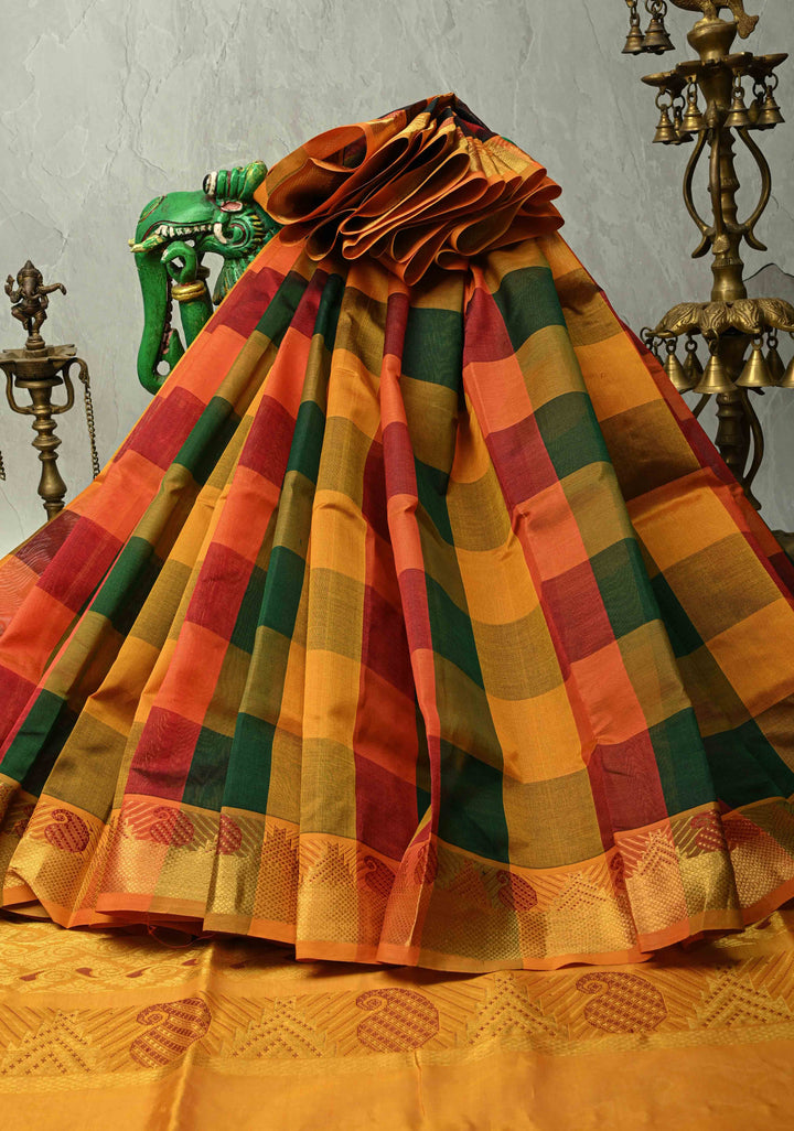 Multicolor Palum Pazhamum Kanchi Silk Cotton Saree with Zari Border