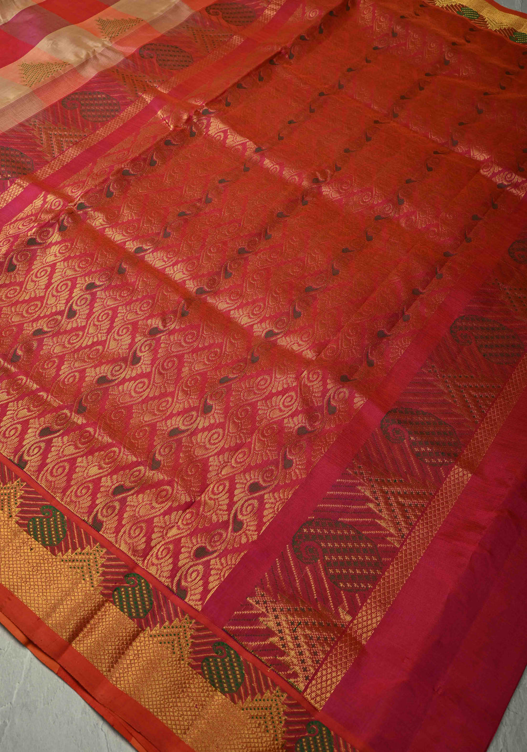 Multicolor Palum Pazhamum Kanchi Silk Cotton Saree with Meenakari Buttas on Zari Border