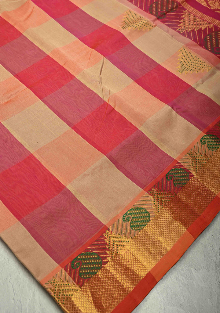 Multicolor Palum Pazhamum Kanchi Silk Cotton Saree with Meenakari Buttas on Zari Border