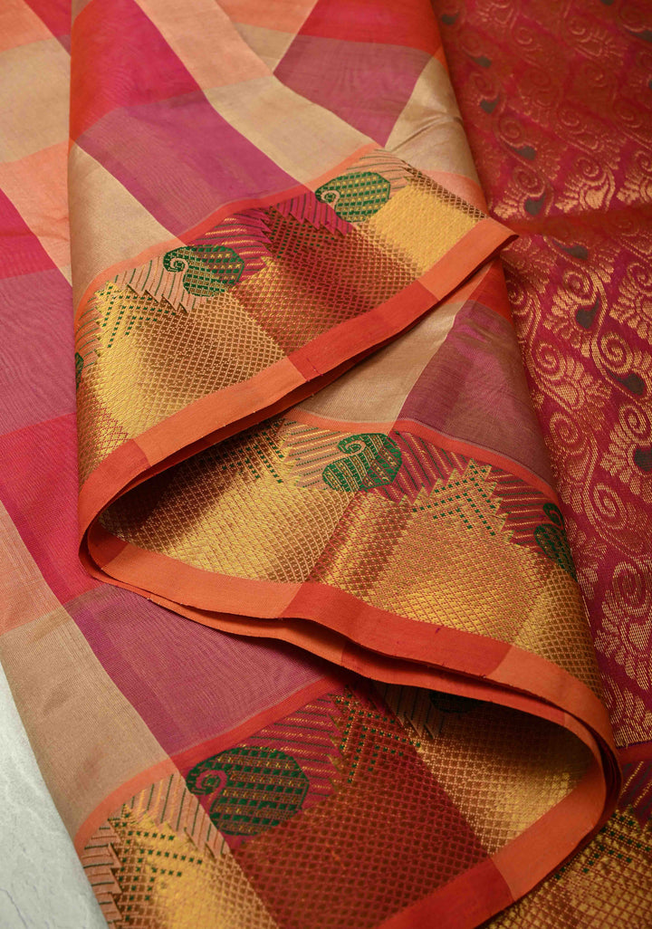 Multicolor Palum Pazhamum Kanchi Silk Cotton Saree with Meenakari Buttas on Zari Border