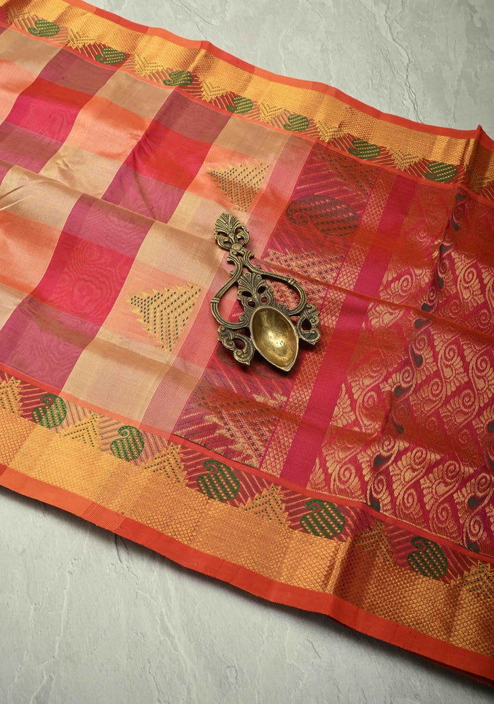 Multicolor Palum Pazhamum Kanchi Silk Cotton Saree with Meenakari Buttas on Zari Border