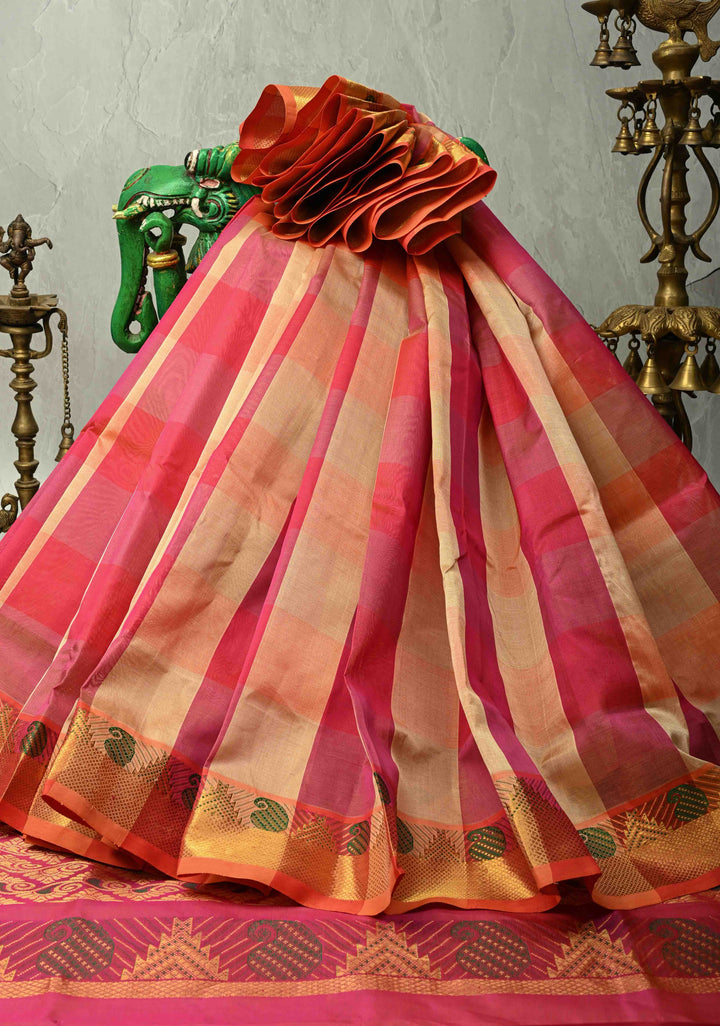 Multicolor Palum Pazhamum Kanchi Silk Cotton Saree with Meenakari Buttas on Zari Border