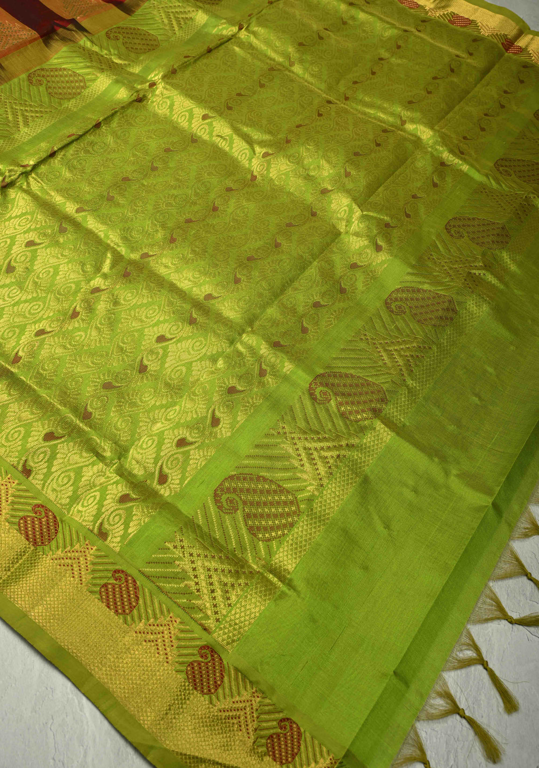Multicolor Palum Pazhamum Kanchi Silk Cotton Saree with Meenakari Buttas on Zari Border