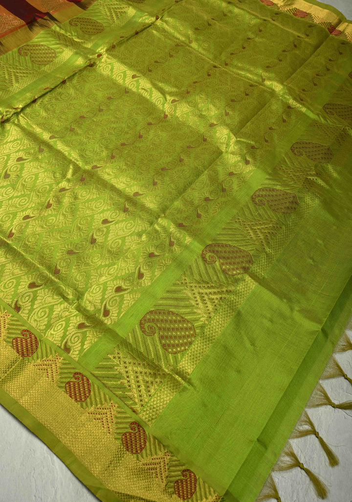 Multicolor Palum Pazhamum Kanchi Silk Cotton Saree with Meenakari Buttas on Zari Border