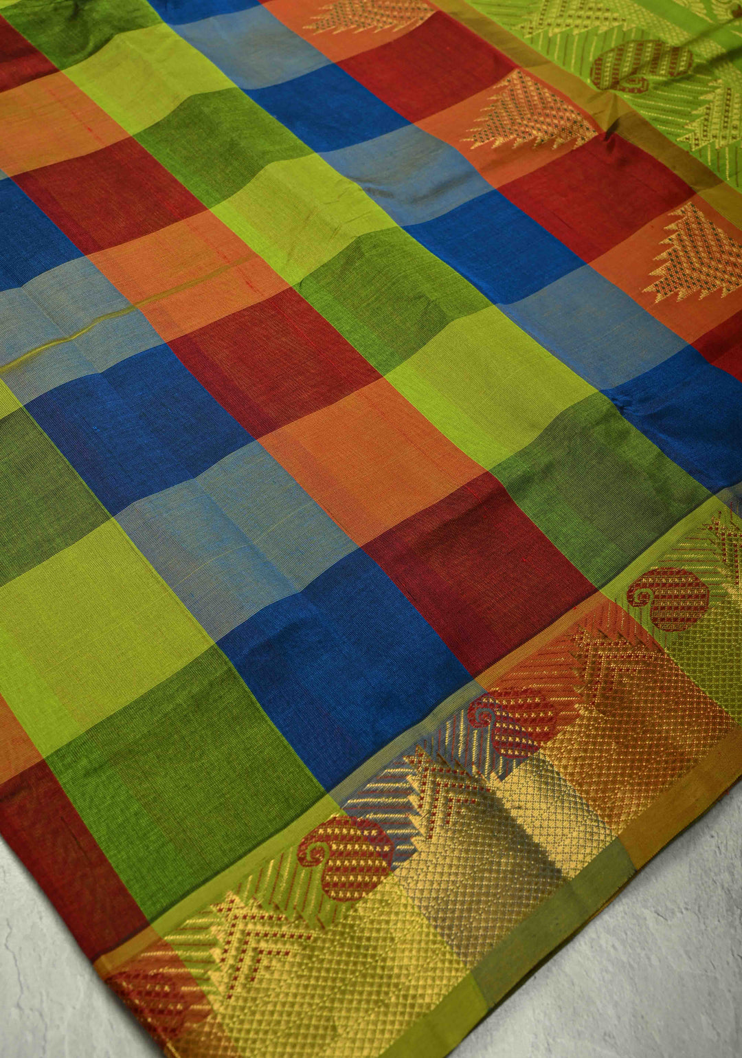 Multicolor Palum Pazhamum Kanchi Silk Cotton Saree with Meenakari Buttas on Zari Border