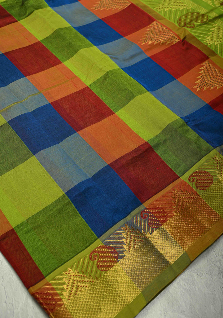Multicolor Palum Pazhamum Kanchi Silk Cotton Saree with Meenakari Buttas on Zari Border