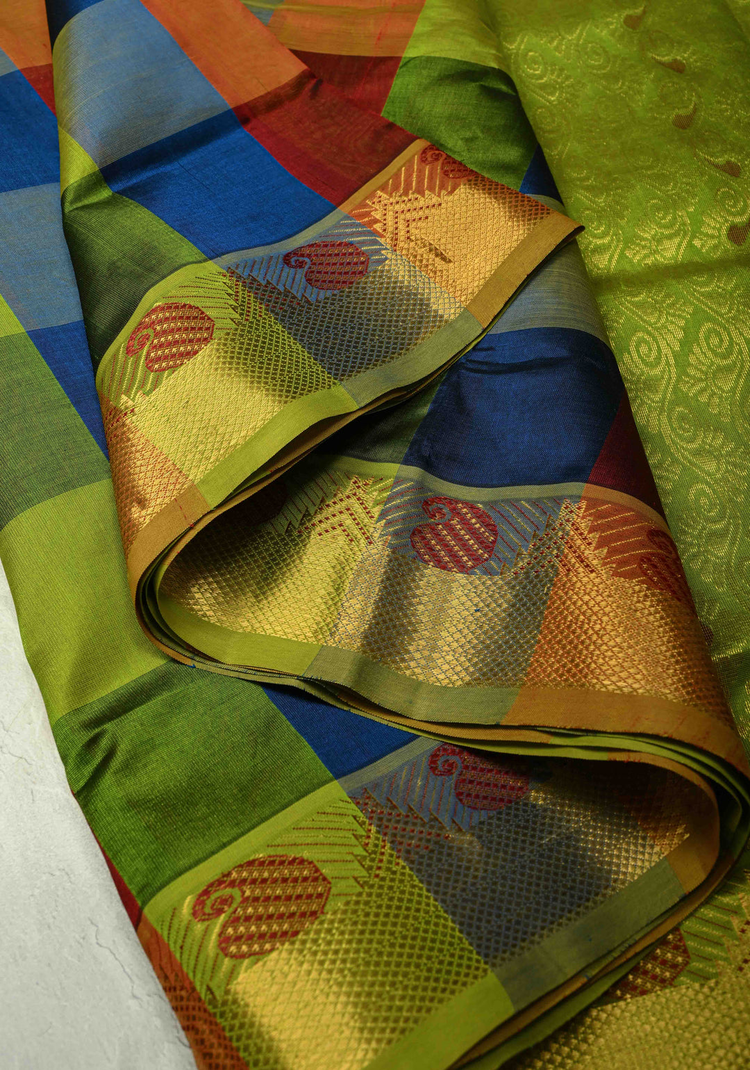 Multicolor Palum Pazhamum Kanchi Silk Cotton Saree with Meenakari Buttas on Zari Border