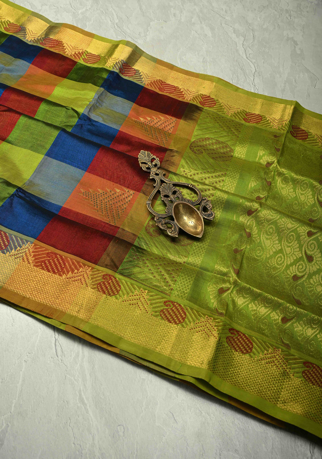 Multicolor Palum Pazhamum Kanchi Silk Cotton Saree with Meenakari Buttas on Zari Border