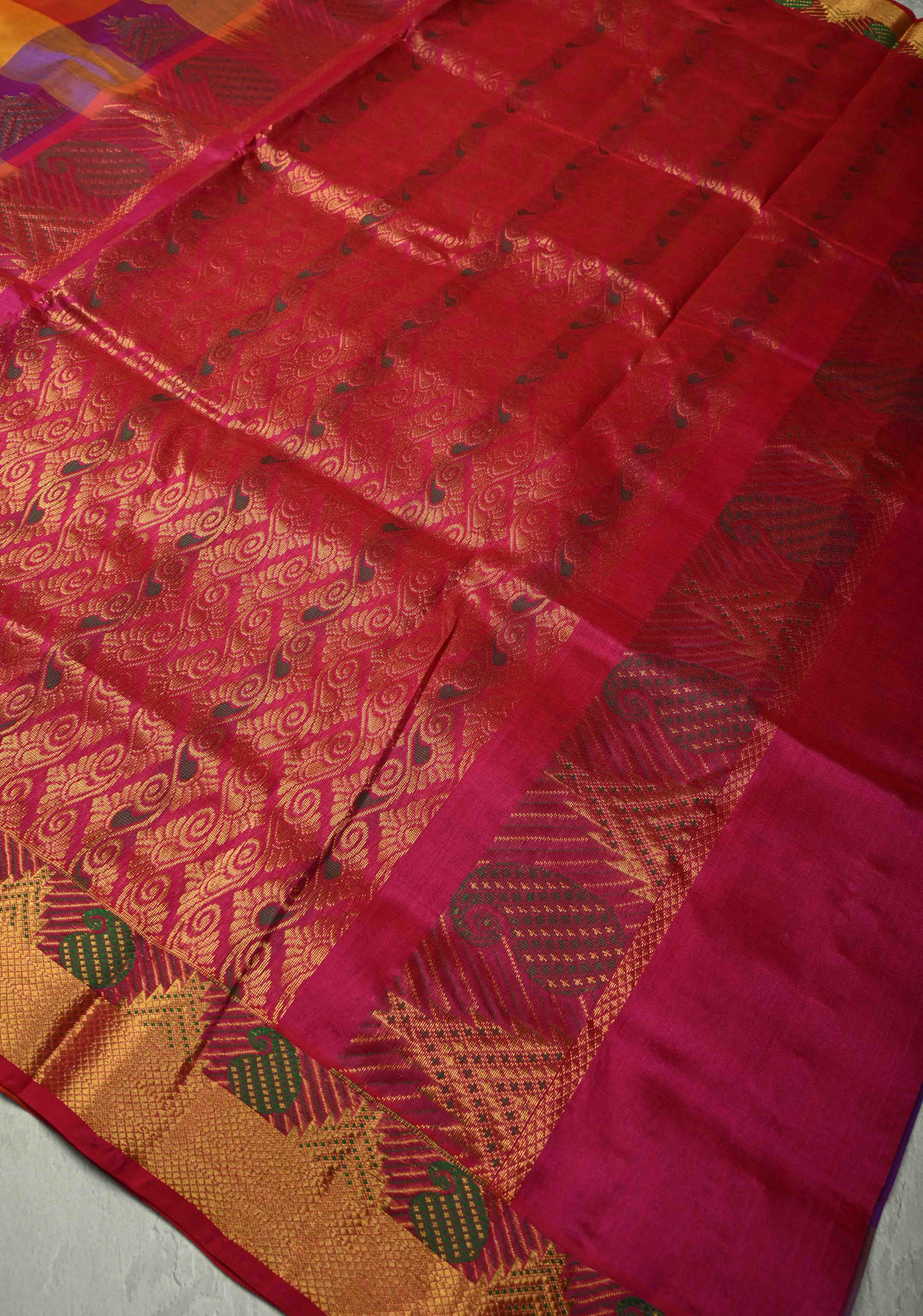 Multicolor Palum Pazhamum Kanchi Silk Cotton Saree with Zari Border