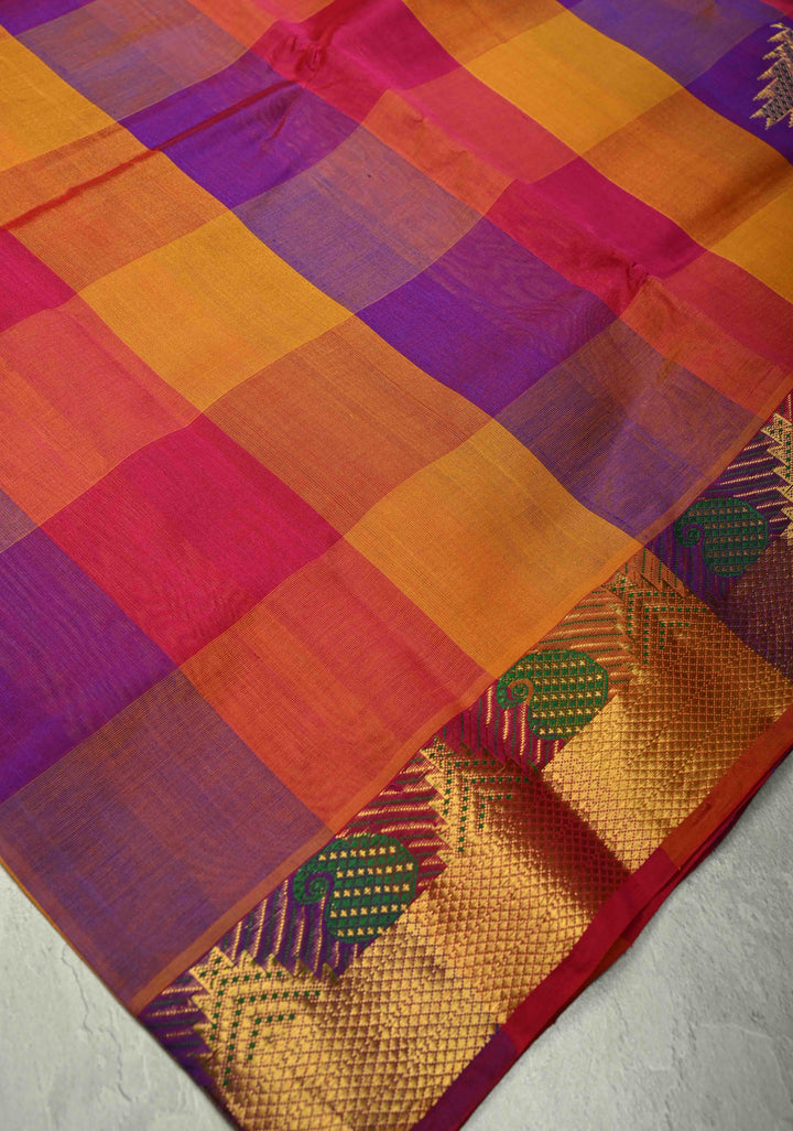 Multicolor Palum Pazhamum Kanchi Silk Cotton Saree with Zari Border
