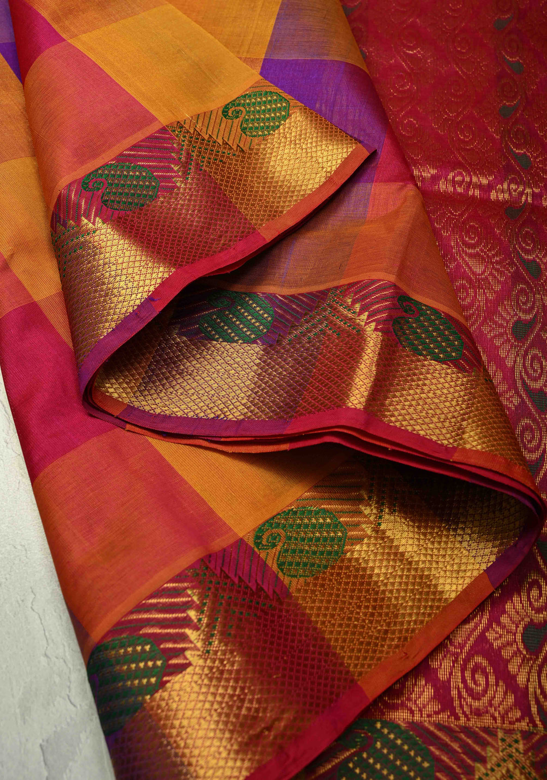 Multicolor Palum Pazhamum Kanchi Silk Cotton Saree with Zari Border