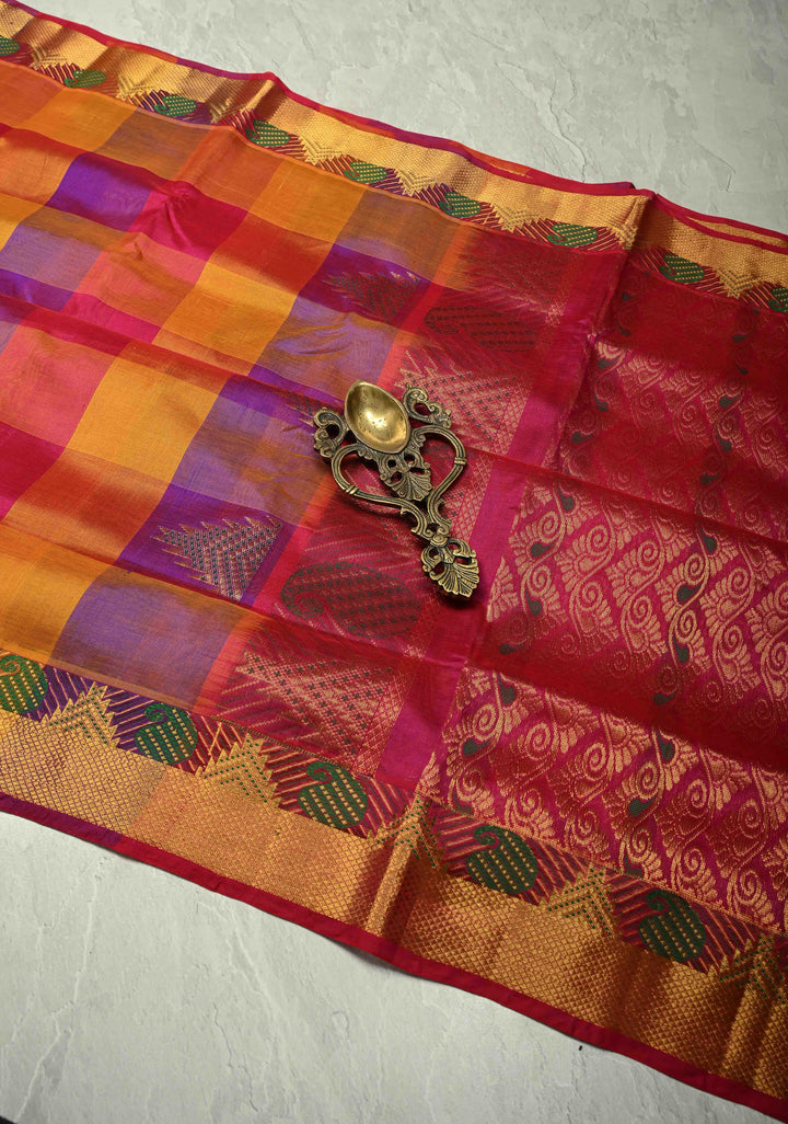 Multicolor Palum Pazhamum Kanchi Silk Cotton Saree with Zari Border