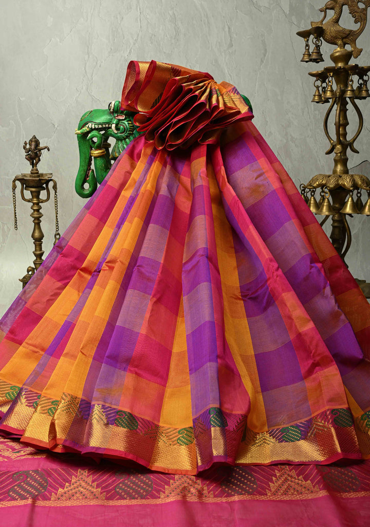 Multicolor Palum Pazhamum Kanchi Silk Cotton Saree with Zari Border