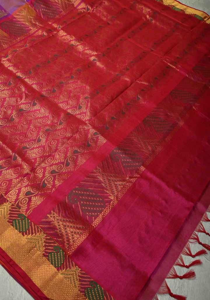 Multicolor Palum Pazhamum Kanchi Silk Cotton Saree with Meenakari Buttas on Zari Border