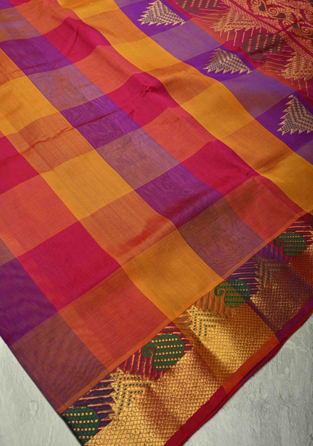 Multicolor Palum Pazhamum Kanchi Silk Cotton Saree with Meenakari Buttas on Zari Border