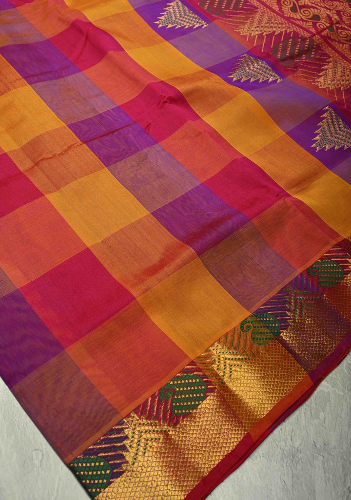 Multicolor Palum Pazhamum Kanchi Silk Cotton Saree with Meenakari Buttas on Zari Border