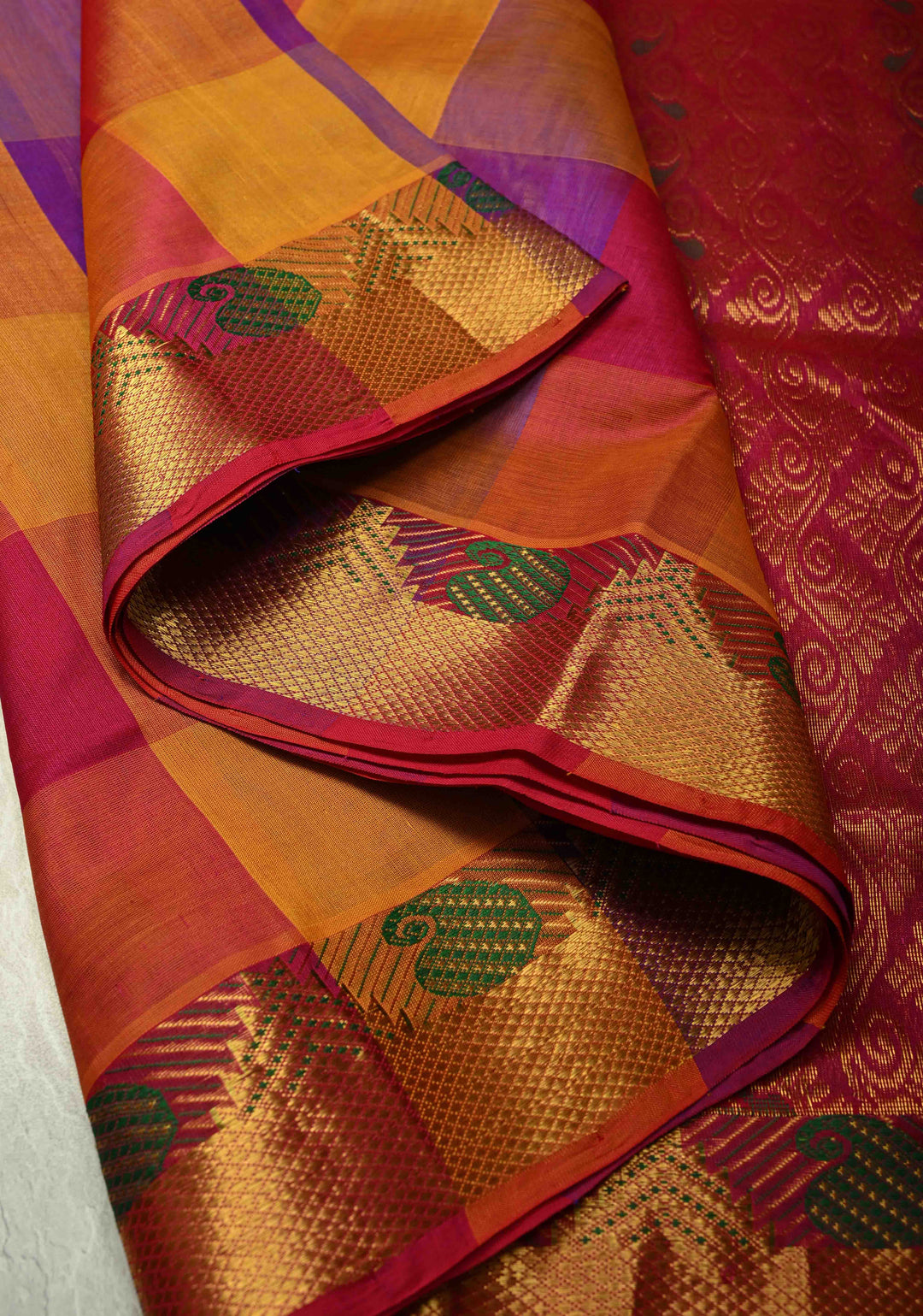 Multicolor Palum Pazhamum Kanchi Silk Cotton Saree with Meenakari Buttas on Zari Border