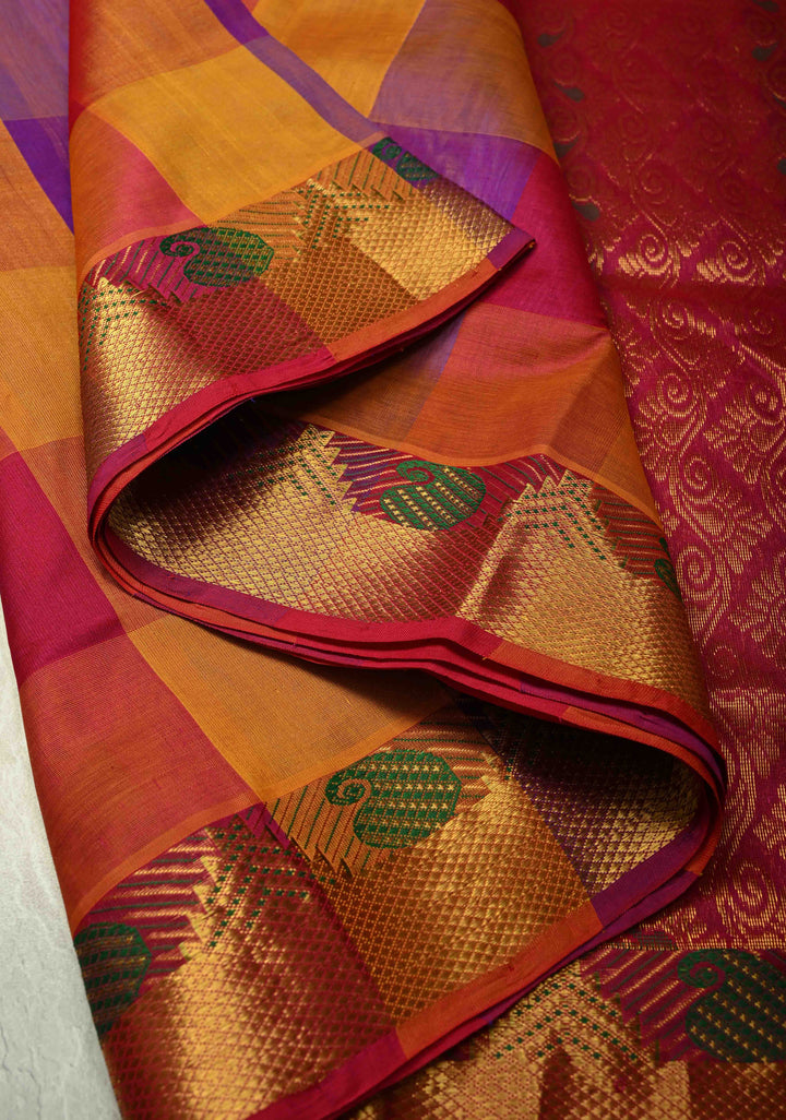 Multicolor Palum Pazhamum Kanchi Silk Cotton Saree with Meenakari Buttas on Zari Border