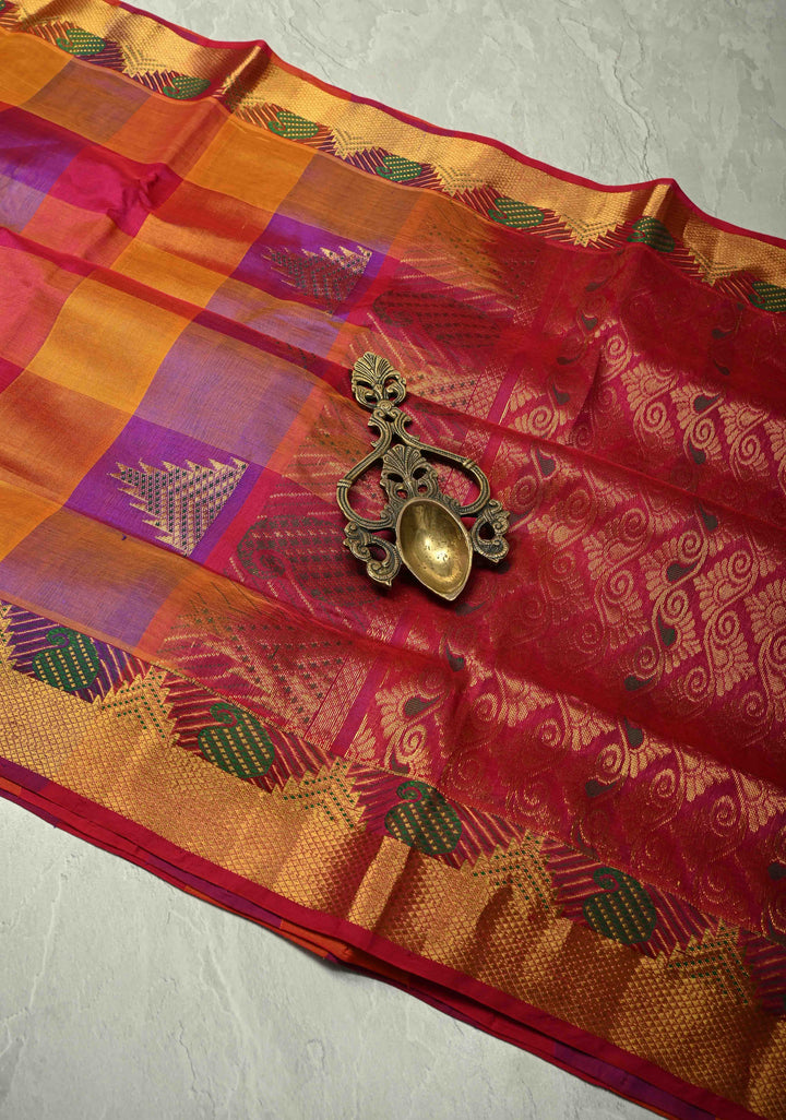 Multicolor Palum Pazhamum Kanchi Silk Cotton Saree with Meenakari Buttas on Zari Border