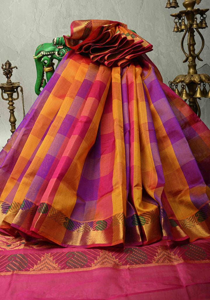Multicolor Palum Pazhamum Kanchi Silk Cotton Saree with Meenakari Buttas on Zari Border