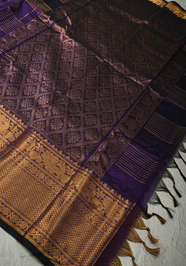 Aubergine Zari Checks on Kanchi Silk Cotton Handloom Saree with Zari Buttas and Temple Wide Zari Border