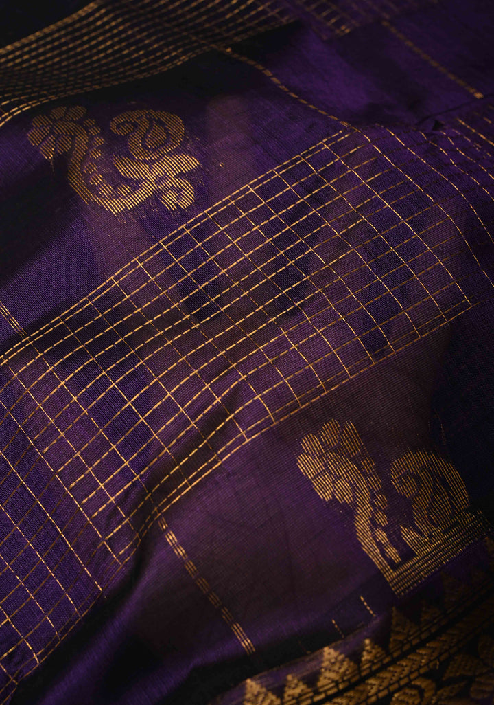 Aubergine Zari Checks on Kanchi Silk Cotton Handloom Saree with Zari Buttas and Temple Wide Zari Border