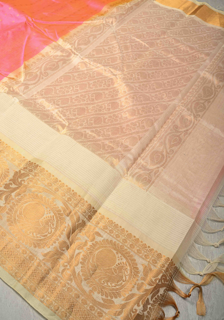 Pink Dual tone Vairaoosi Zari Stripes on Kanchi Silk Cotton Handloom Saree with Zari Buttis and Contrast Zari Border | SHOBITAM