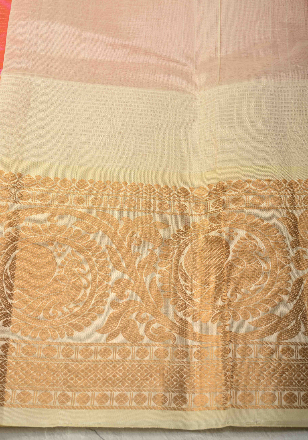 Pink Dual tone Vairaoosi Zari Stripes on Kanchi Silk Cotton Handloom Saree with Zari Buttis and Contrast Zari Border | SHOBITAM