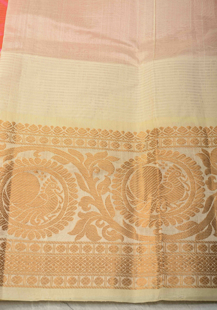 Pink Dual tone Vairaoosi Zari Stripes on Kanchi Silk Cotton Handloom Saree with Zari Buttis and Contrast Zari Border | SHOBITAM